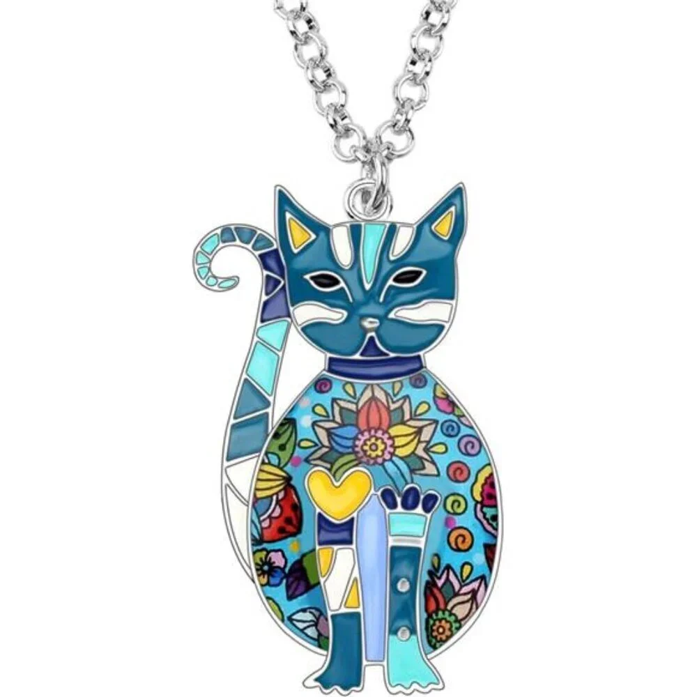 Blue Cat Necklace Enamel Kitten Pendant on Alloy Chain Jewelry for Cat Lovers